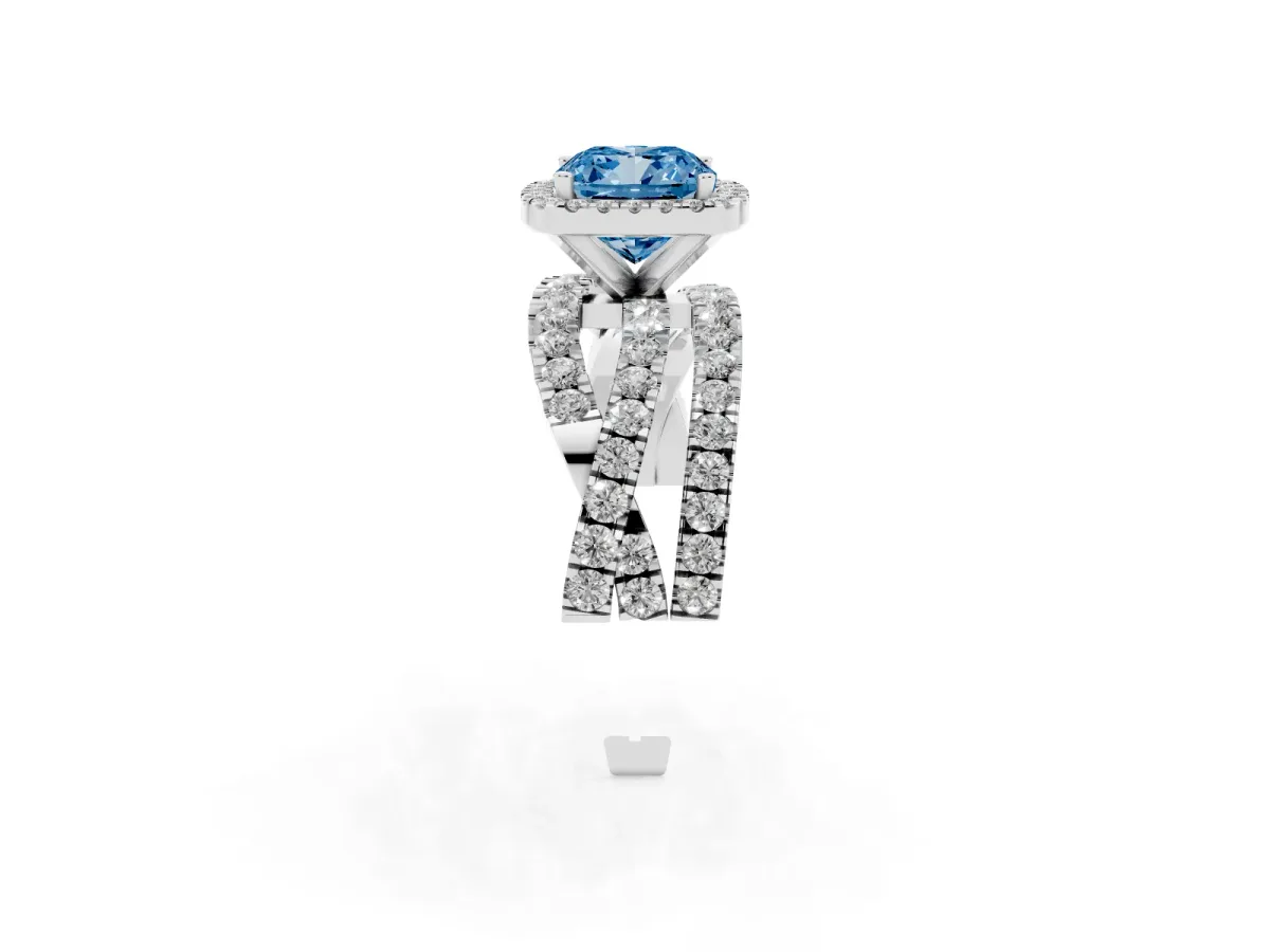 Fancy Blue Cushion Cut Diamond Halo Ring with Round Split Shank and Prong Setting Platinum