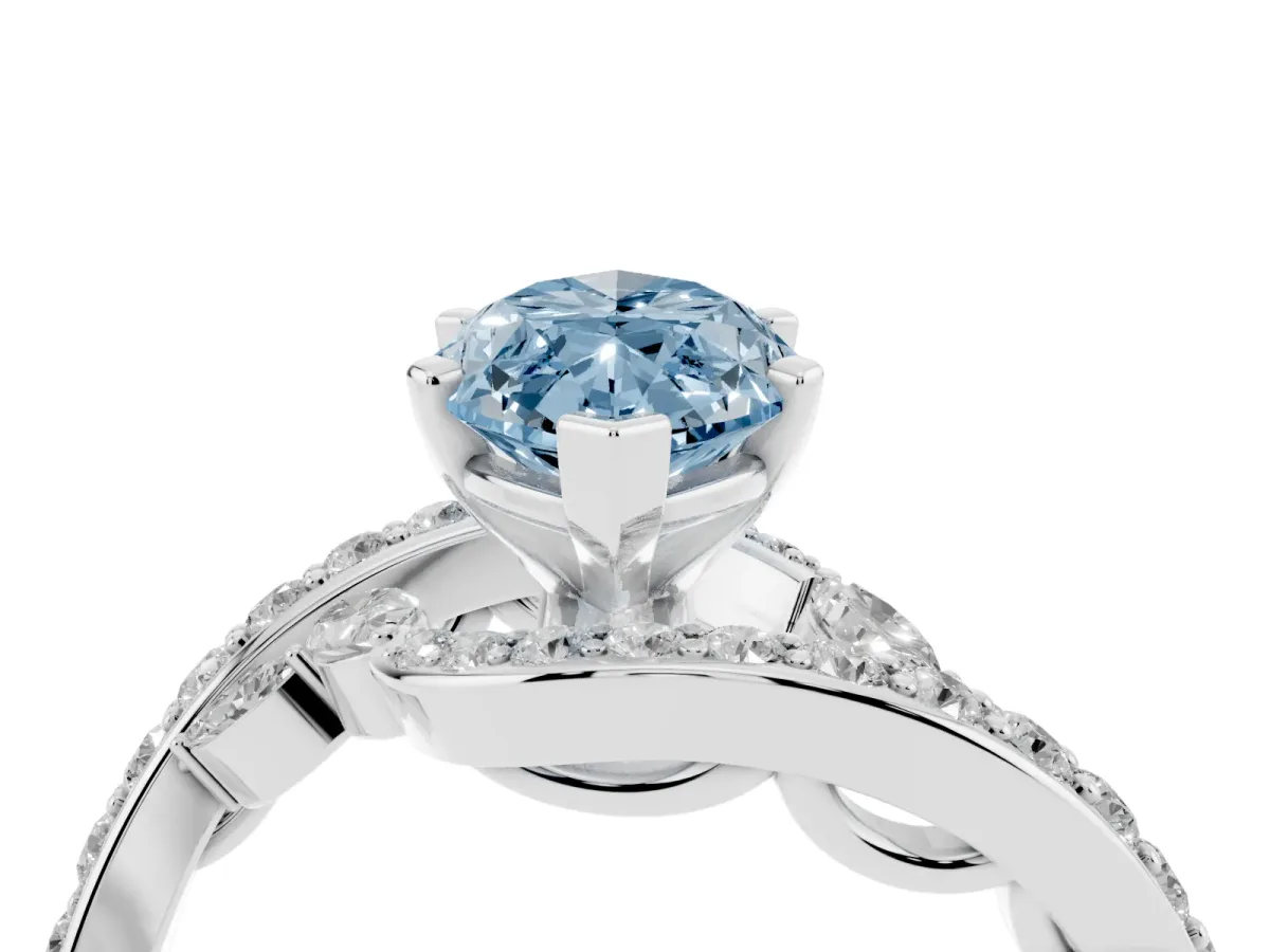 Fancy Blue Marquise Cut Solitaire with Pavé Twist Band and Four-Prong Setting Platinum