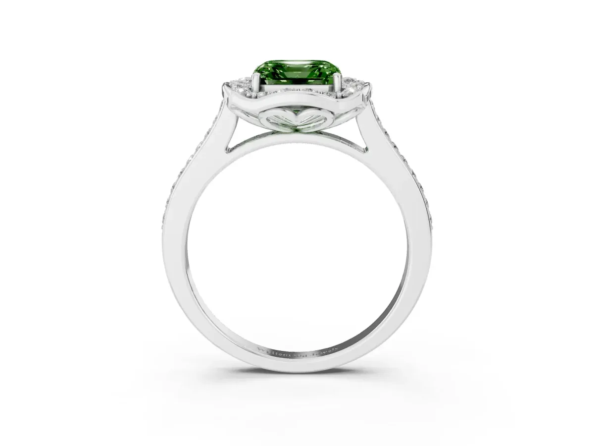 Fancy Green Asscher Cut Halo Round Diamond Pave Band with Four-Prong Setting White gold