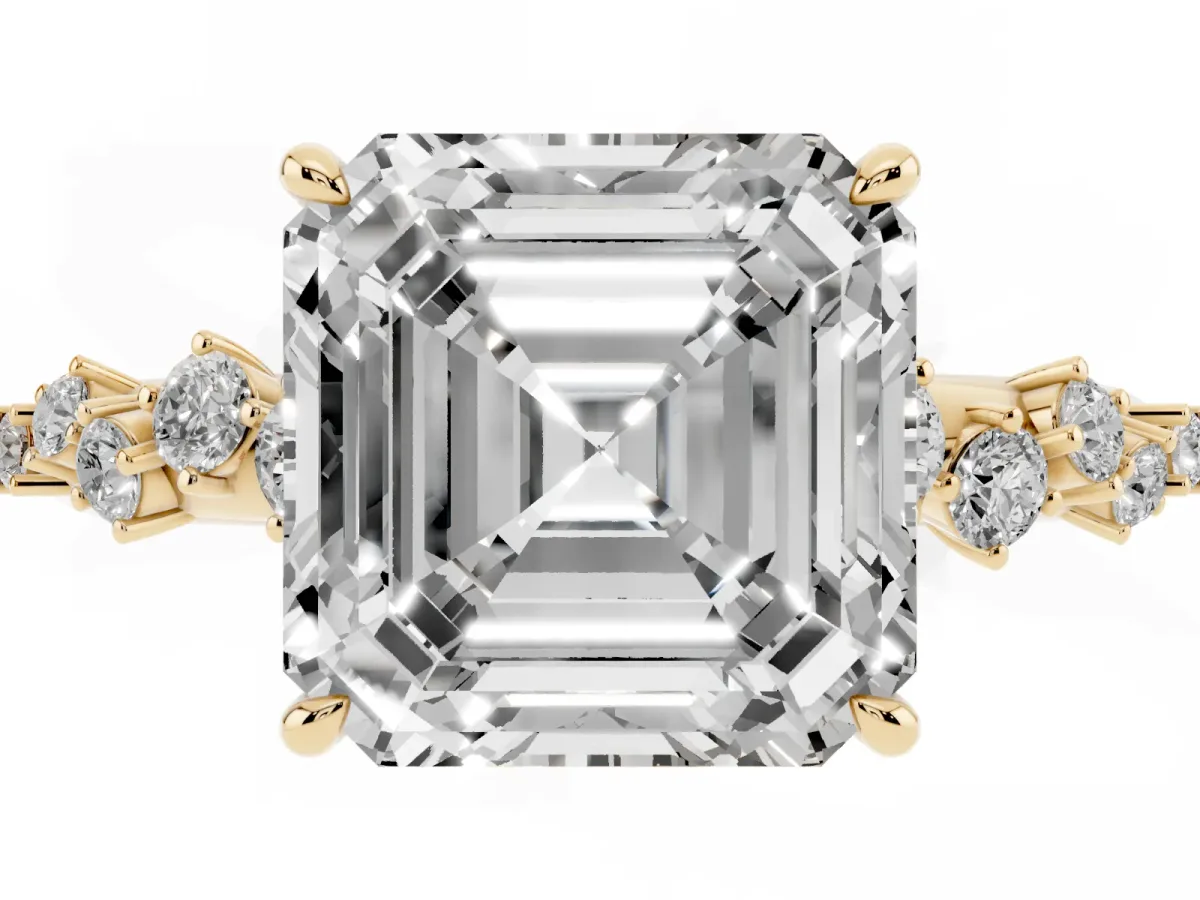 Asscher Cut Diamond Cluster Side Stone Solitaire Ring with Prong Setting Yellow gold
