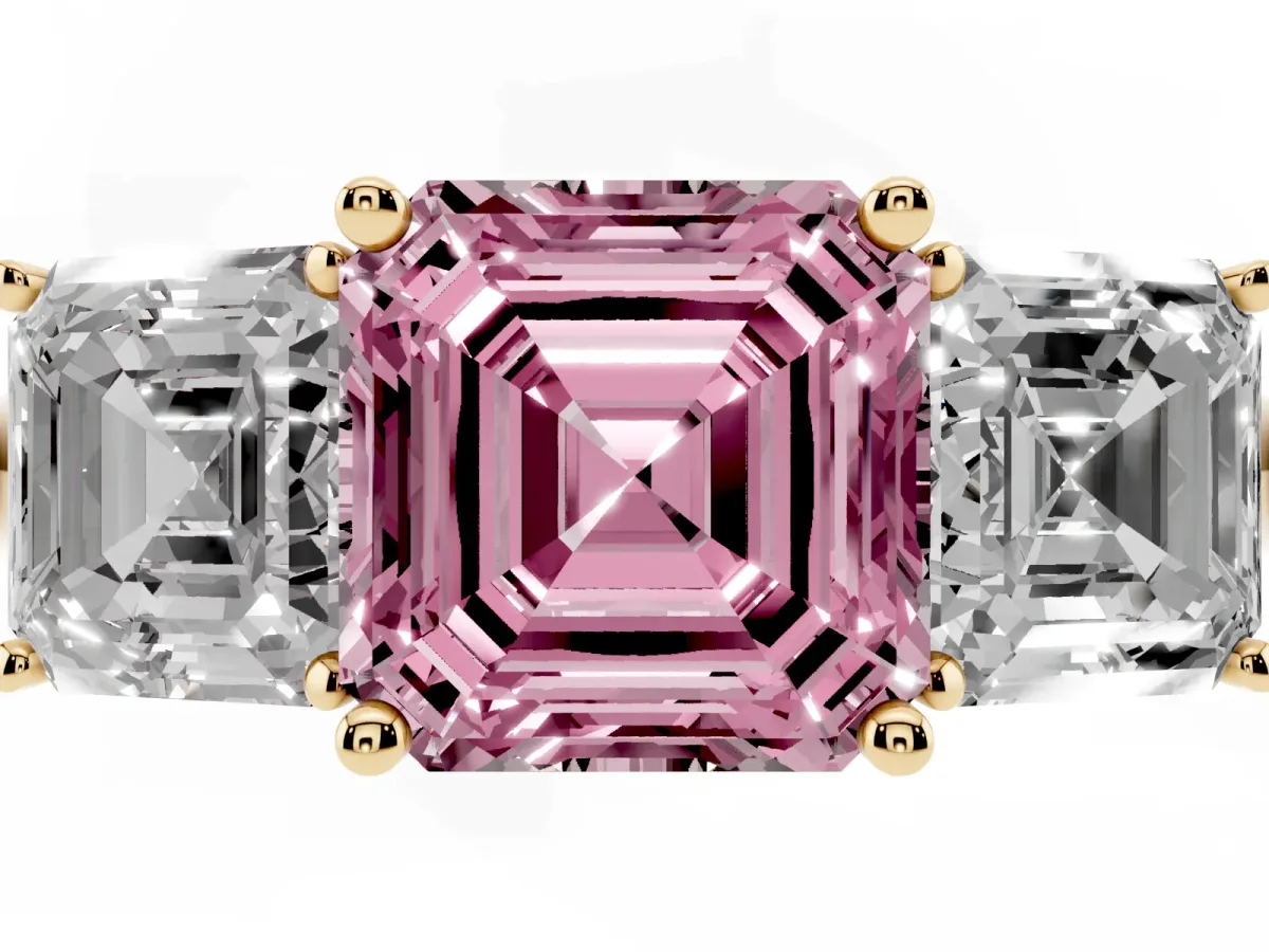 Fancy Pink Three-Stone Asscher Cut Cut Diamond Engagement Ring with Prong Setting on a White Gold Band Yellow gold