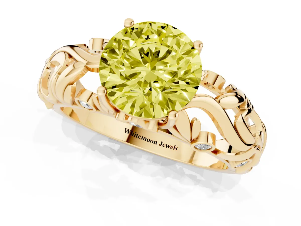 Fancy Yellow Round Cut Solitaire Diamond Leaf-Inspired Vine Band Ring with Prong Setting Yellow gold