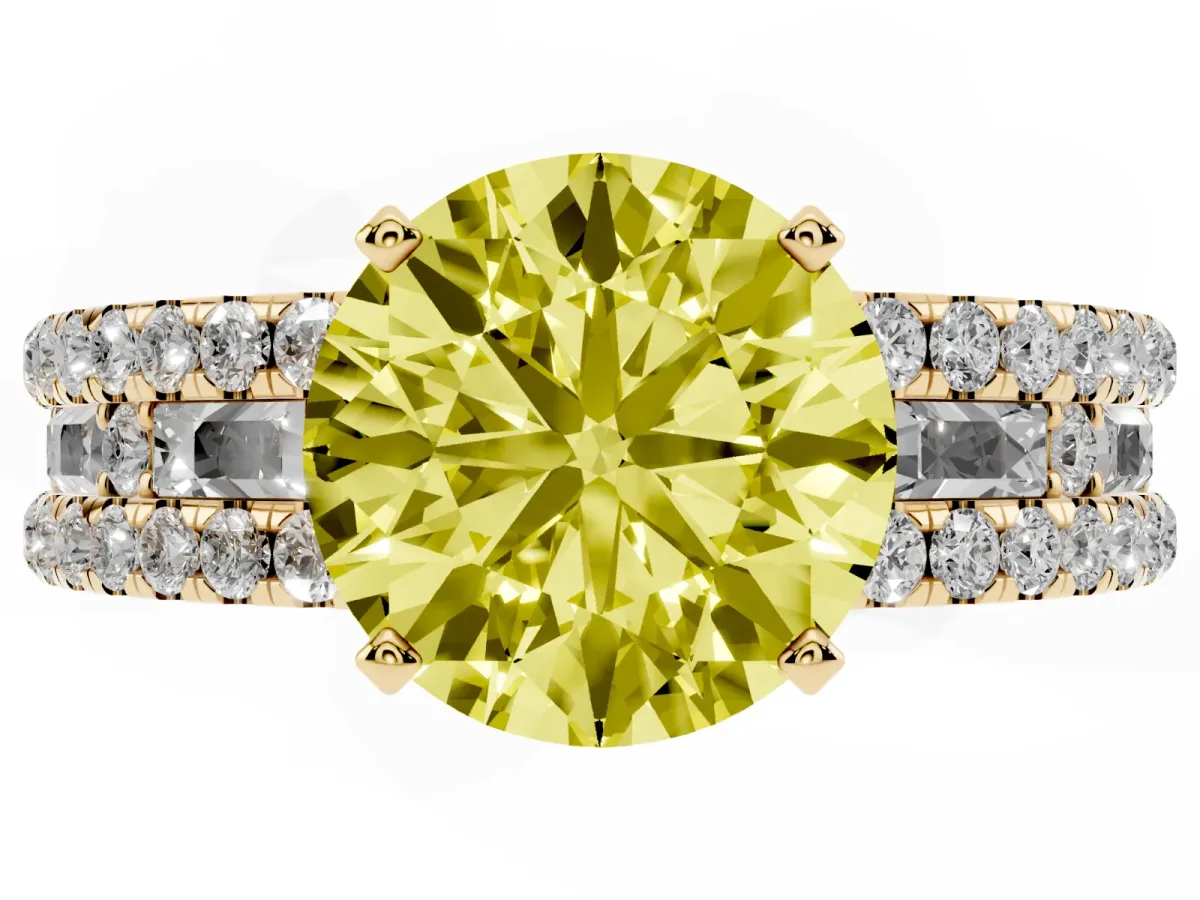 Fancy Yellow Round Cut Diamond Solitaire Ring with Pavé and Channel Set Band Yellow gold
