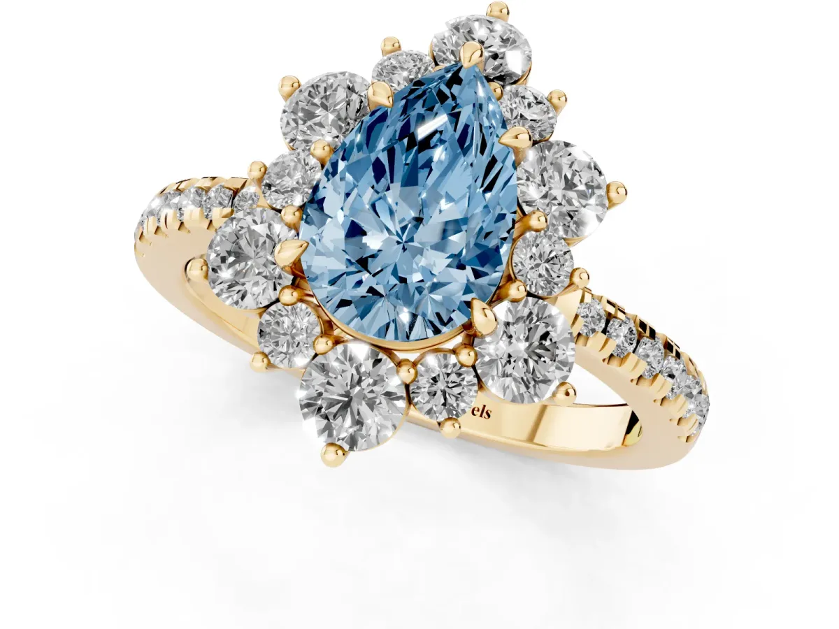Fancy Blue Pear Cut Diamond Floral Halo Ring with Round Pavé Band and Prong Setting Yellow gold