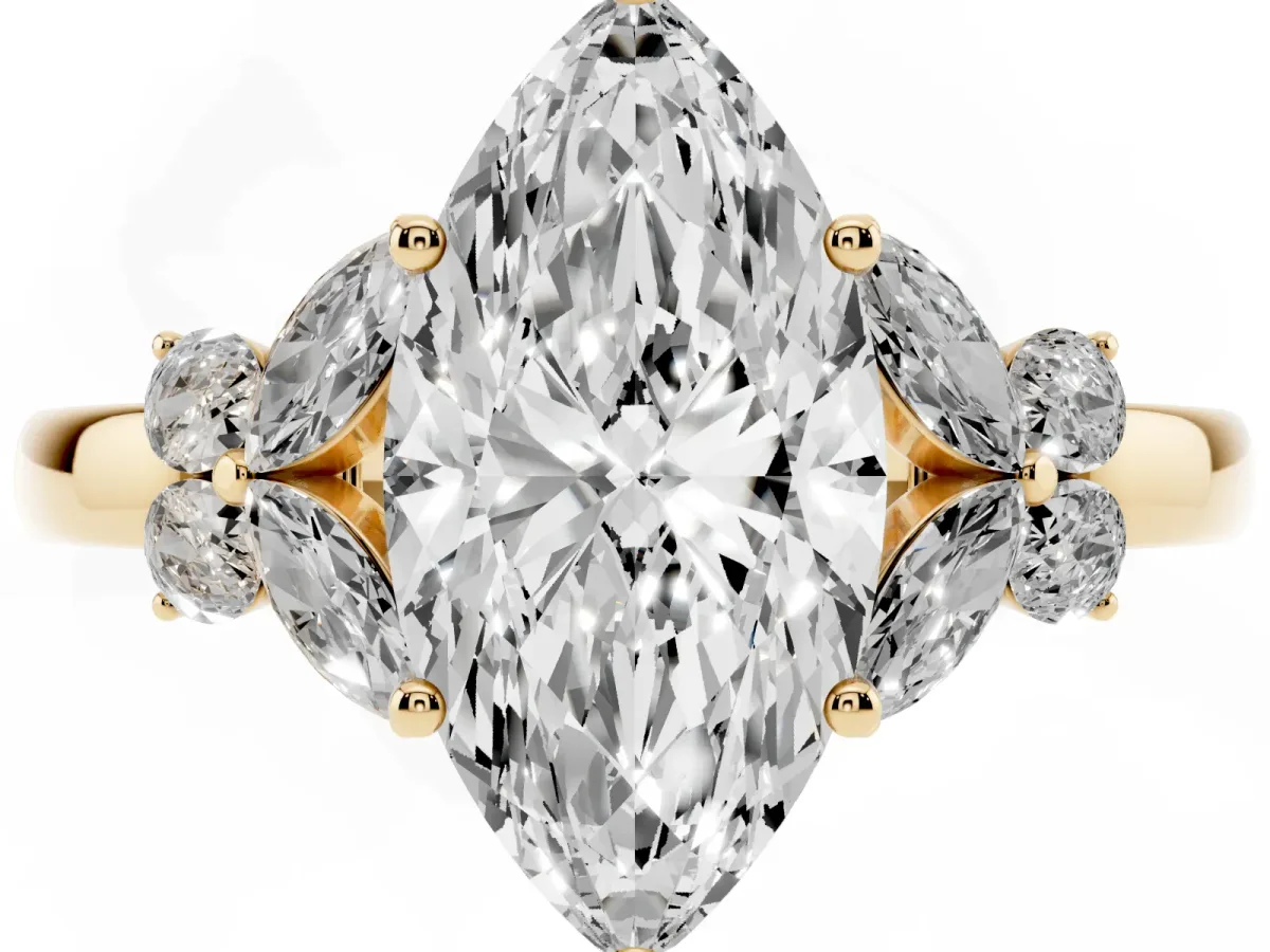 Marquise Cut Cut Solitaire Floral Diamond Ring with Four-Prong Setting Yellow gold