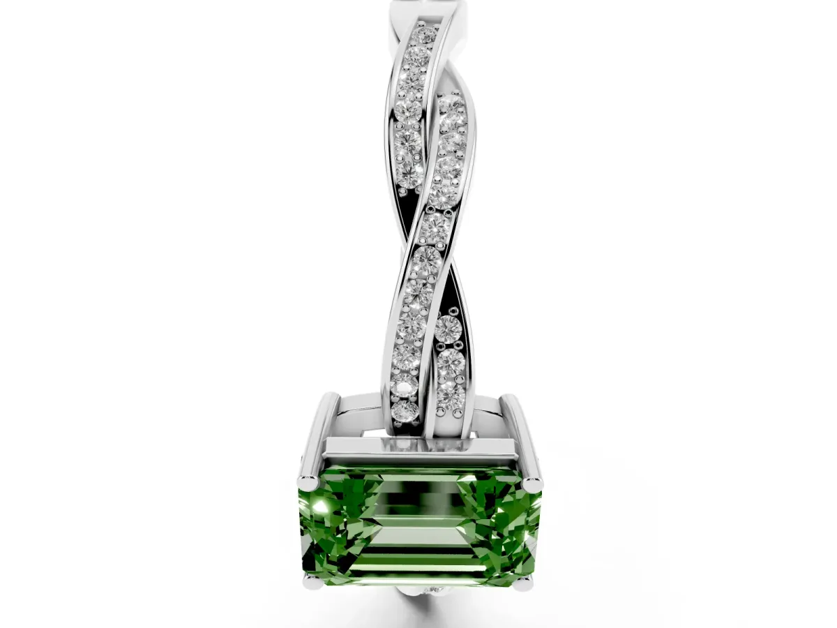 Fancy Green Emerald Cut Solitaire Twisted Pave Diamond Ring with Four-Prong Setting Platinum