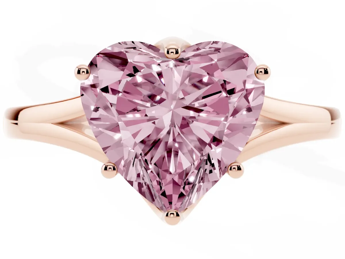 Fancy Pink Heart Cut Solitaire Diamond Ring with Six-Prong Setting and Tapered Band Rose gold
