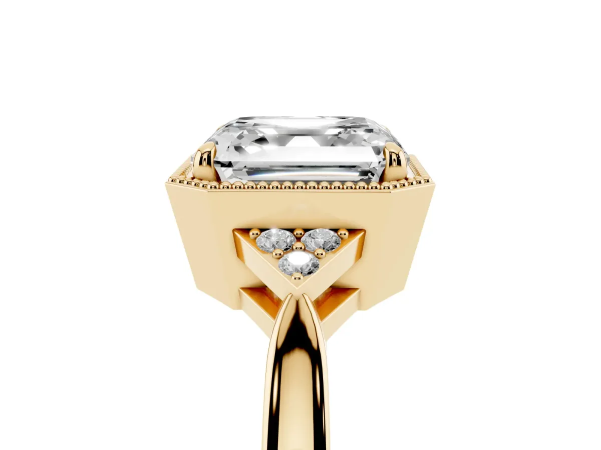 Asscher Cut Diamond Halo Ring with Tapered Band and Four-Prong Setting Yellow gold