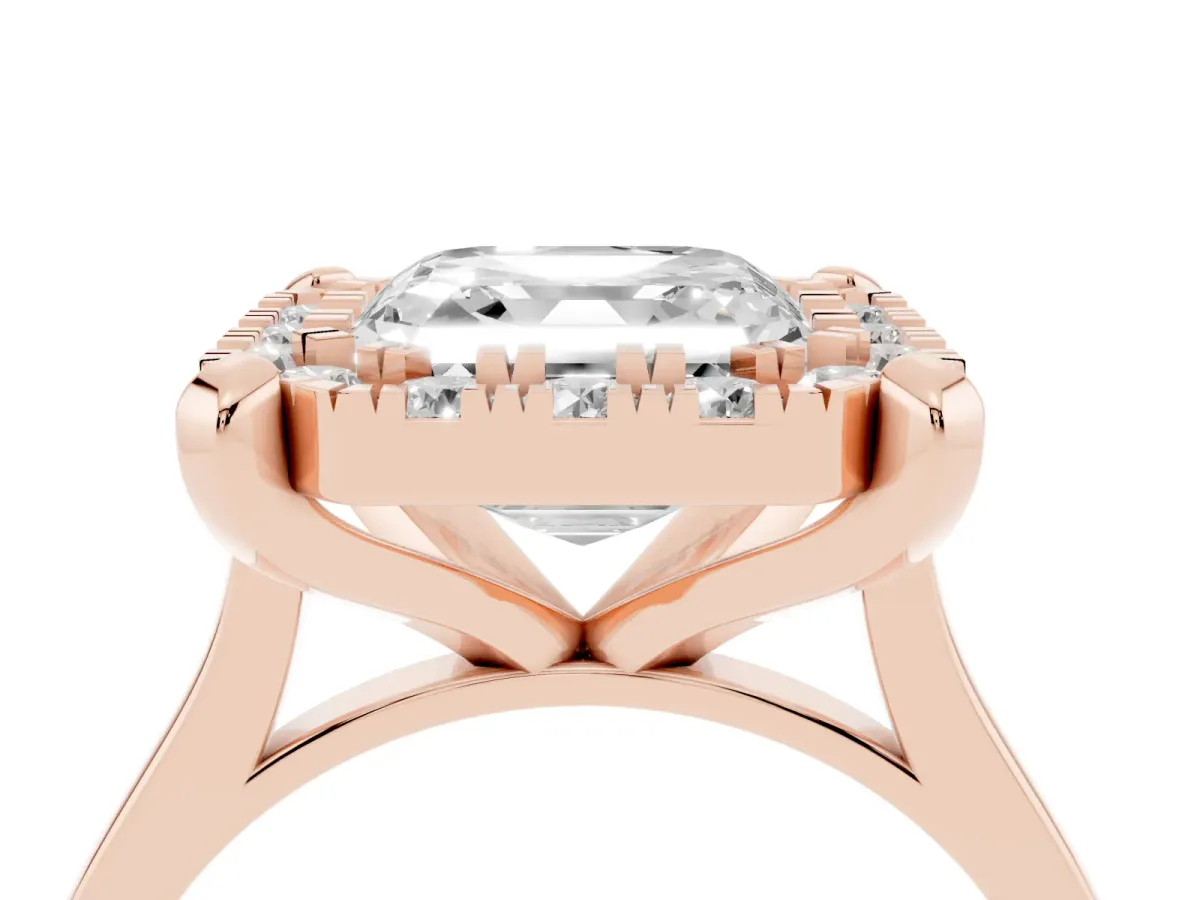 Asscher Cut Diamond Cluster Halo Solitaire with Four-Prong Setting Rose gold