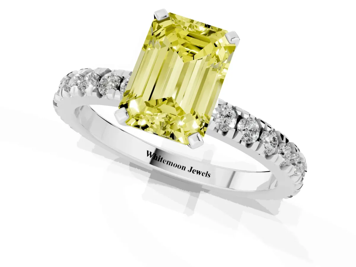 Fancy Yellow Emerald Cut Diamond Pavé Band Solitaire with Four-Prong Setting Silver