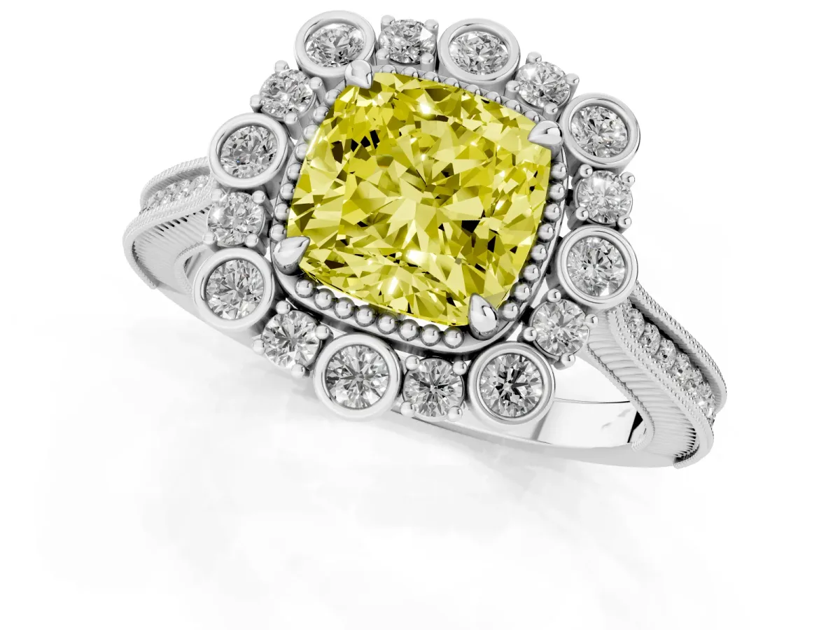 Fancy Yellow Cushion Cut Halo Milgrain Pave Diamond Ring with Four-Prong Setting Silver