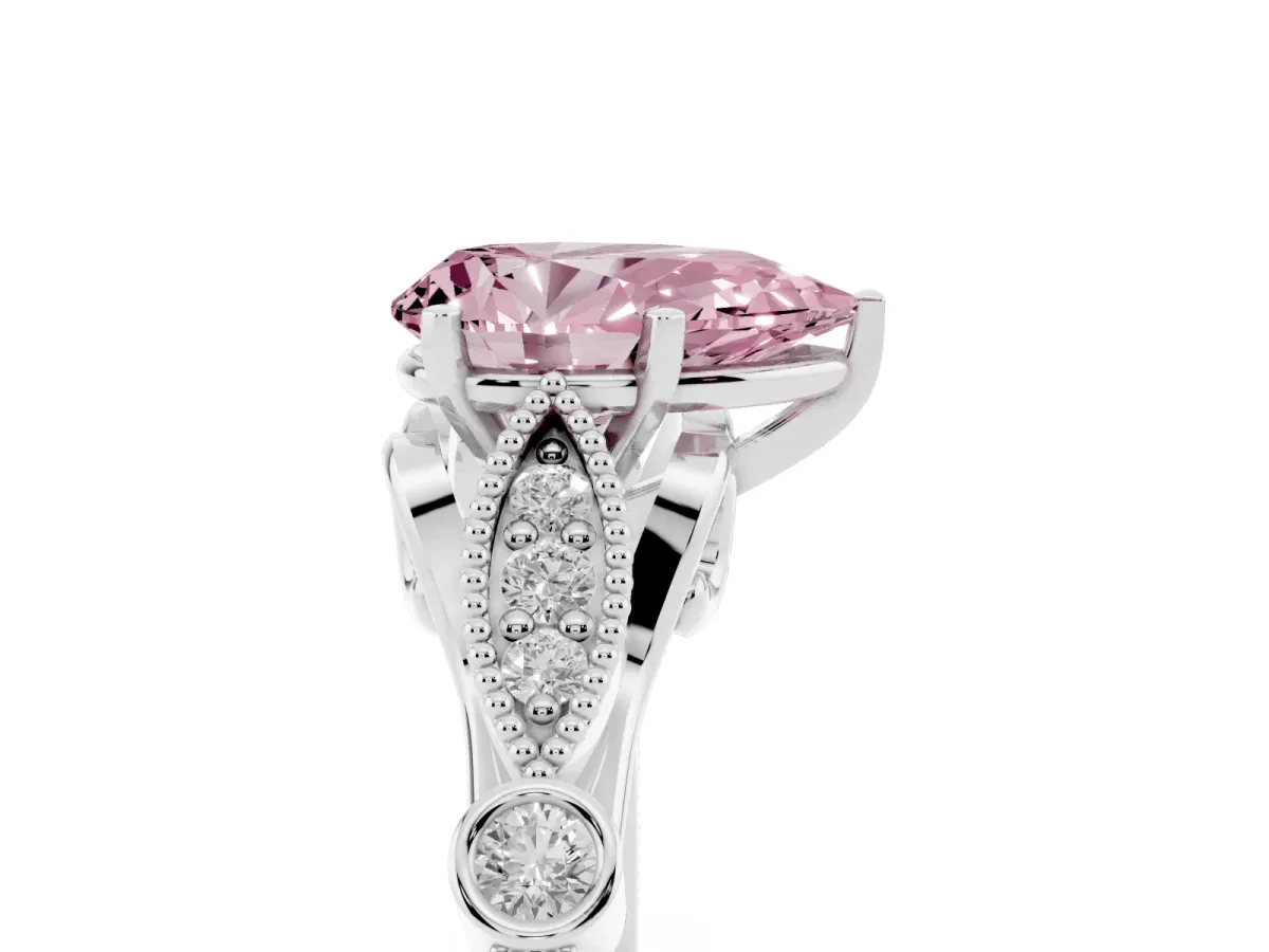 Fancy Pink Pear Cut Cut Diamond with Milgrain Marquise and Bezel Accents on a Solitaire Band with Prong Setting Platinum