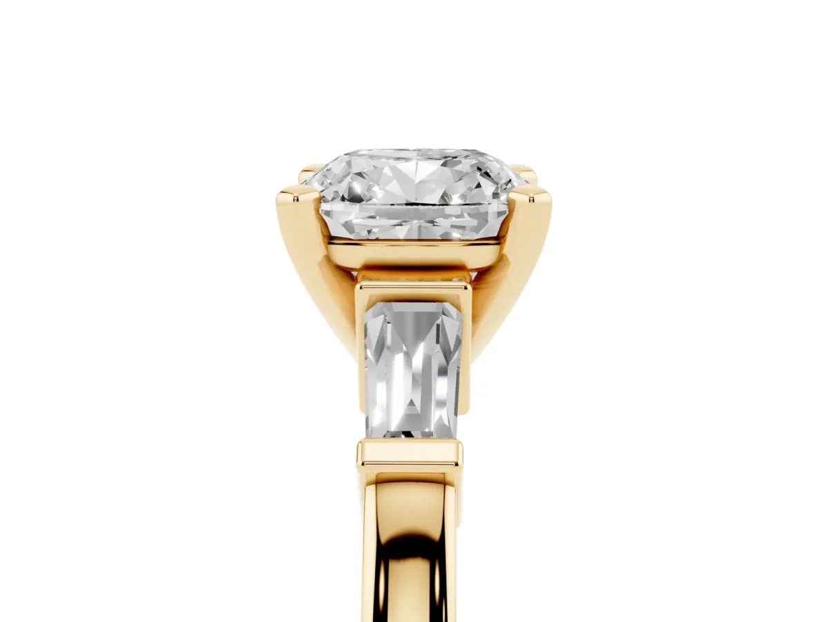 Cushion Cut Cut Diamond Solitaire Ring with Tapered Baguette Accents and Four-Prong Setting Yellow gold