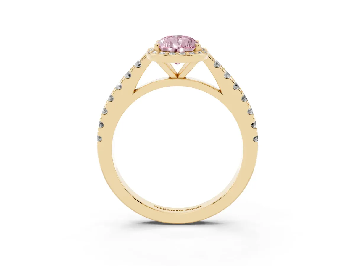 Fancy Pink Pear Cut Cut Halo Diamond Engagement Ring with Pave Band and Four-Prong Setting Yellow gold