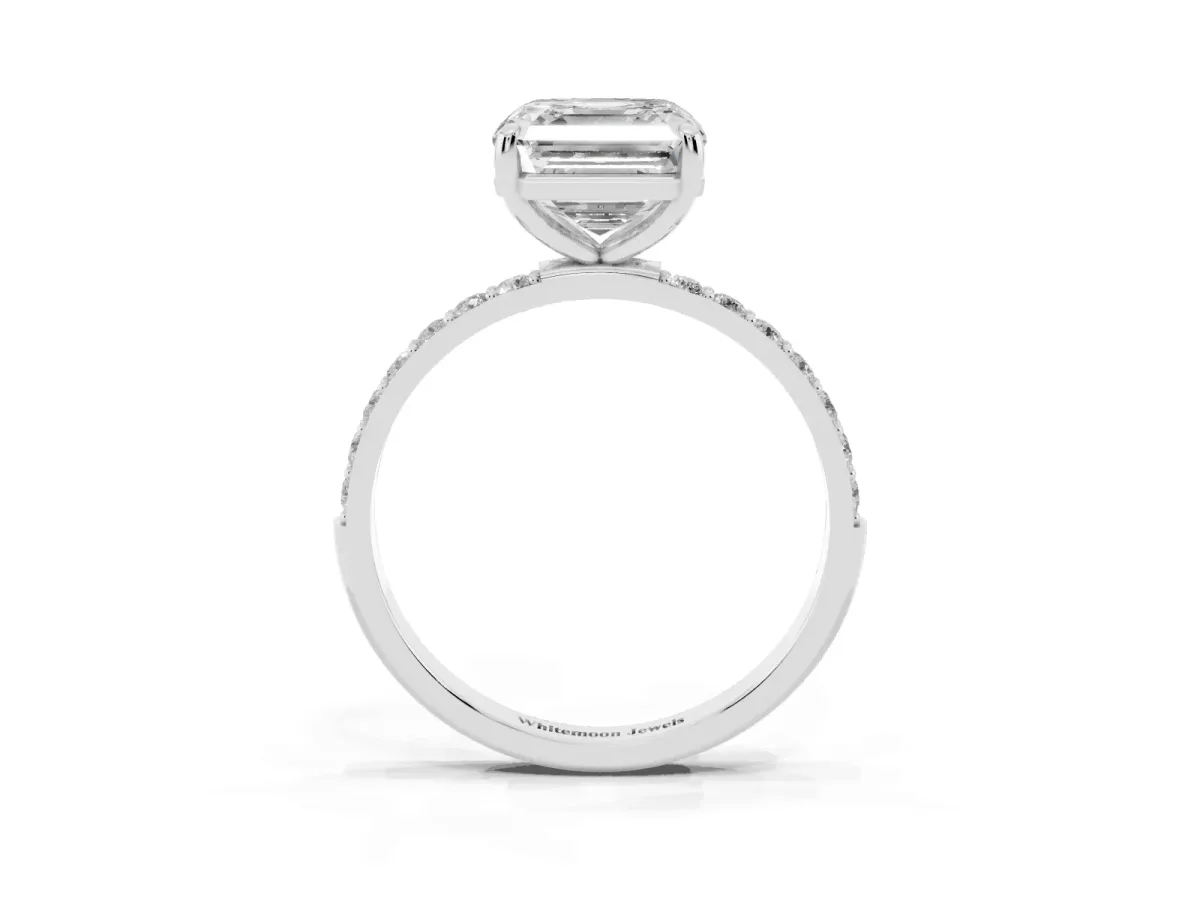 Asscher Cut Diamond Solitaire Ring with Round Pavé Band and Prong Setting Platinum