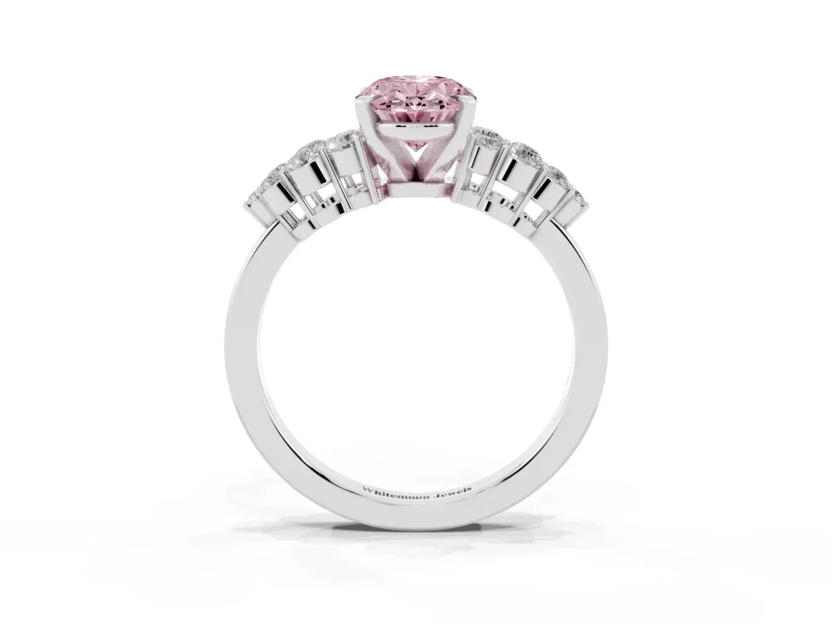 Fancy Pink Oval Cut Cluster Diamond Engagement Ring with Pavé Band and Four-Prong Setting Platinum