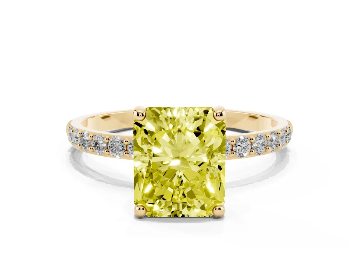 Fancy Yellow Radiant Cut Diamond Solitaire Ring with Round Pavé Band and Prong Setting Yellow gold