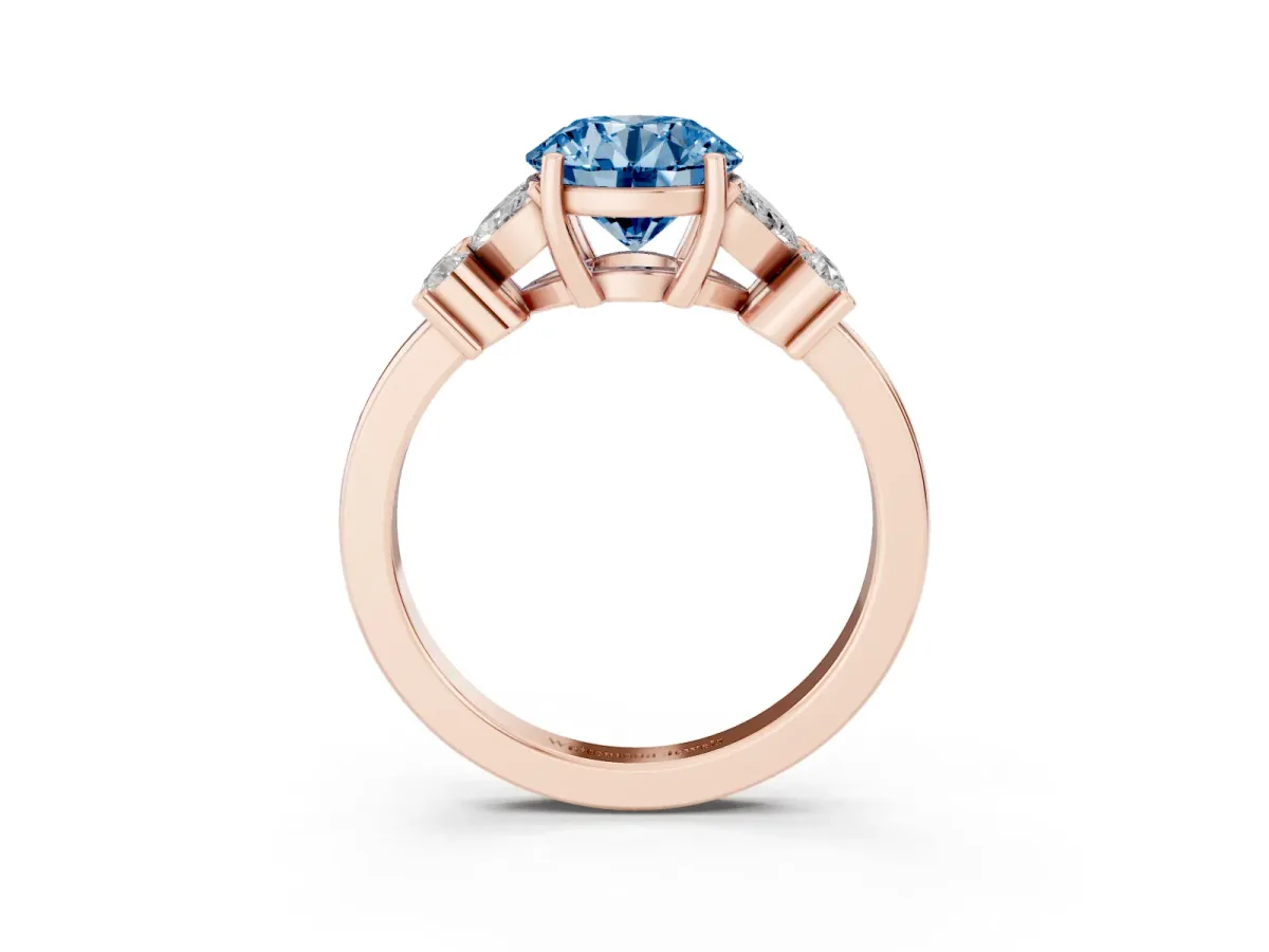 Fancy Blue Round Cut Diamond Floral Cluster Ring with Solitaire Band and Prong Setting Rose gold