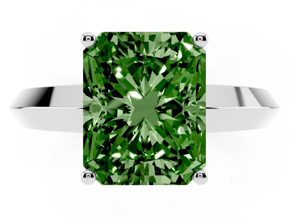 Fancy Green Radiant Cut Cut Solitaire Engagement Ring with Flat Band and Four-Prong Setting Silver