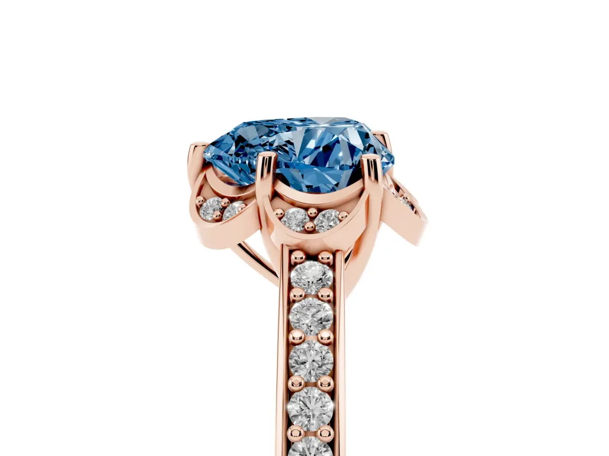 Fancy Blue Heart Cut Cut Halo Diamond Ring with Channel Set Band and Four-Prong Setting Rose gold