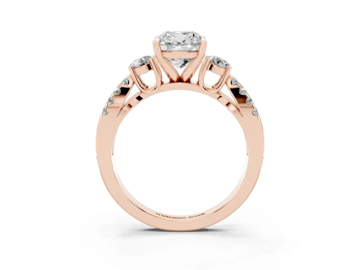 Cushion Cut Diamond Three-Stone Ring with Pavé Split Shank and Four-Prong Setting Rose gold
