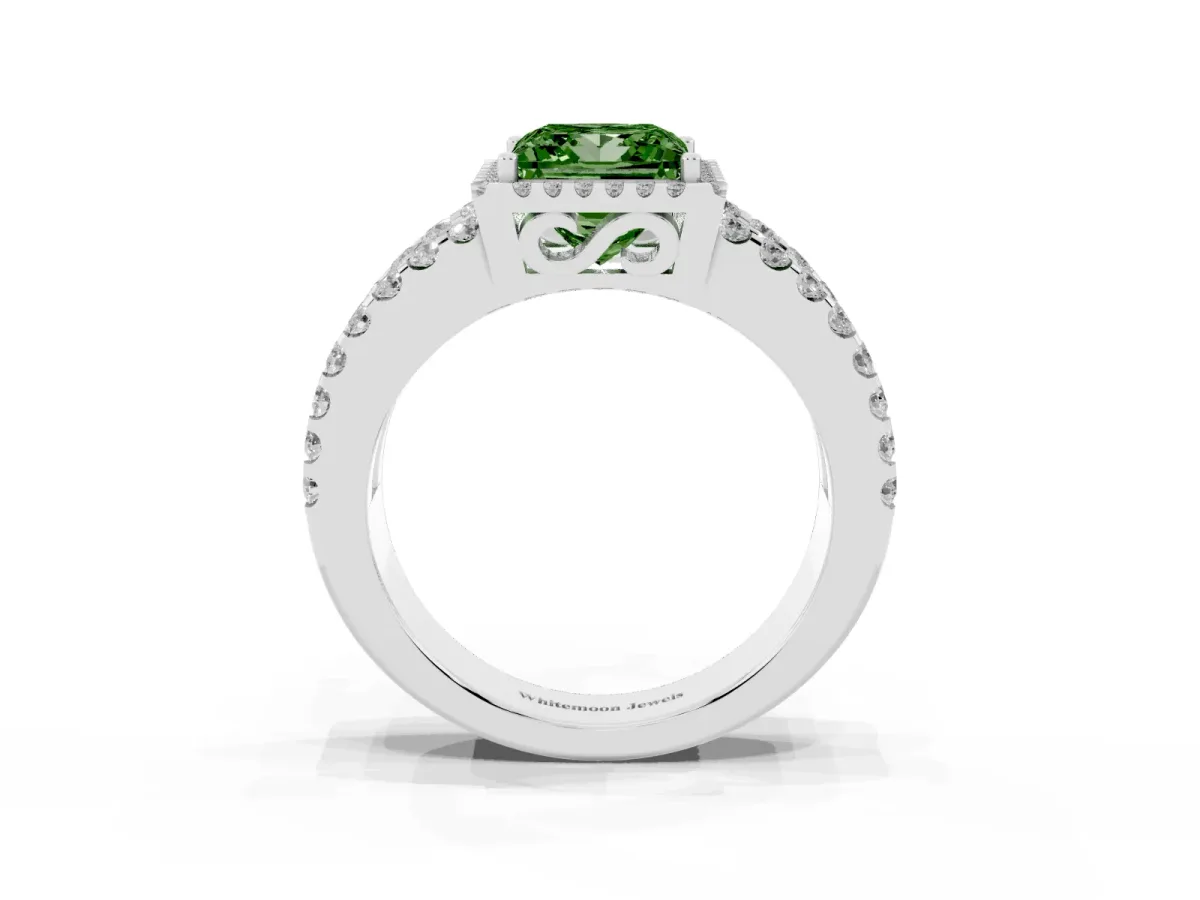 Fancy Green Princess Cut Cut Halo Split Shank Diamond Ring with Four-Prong Setting Platinum