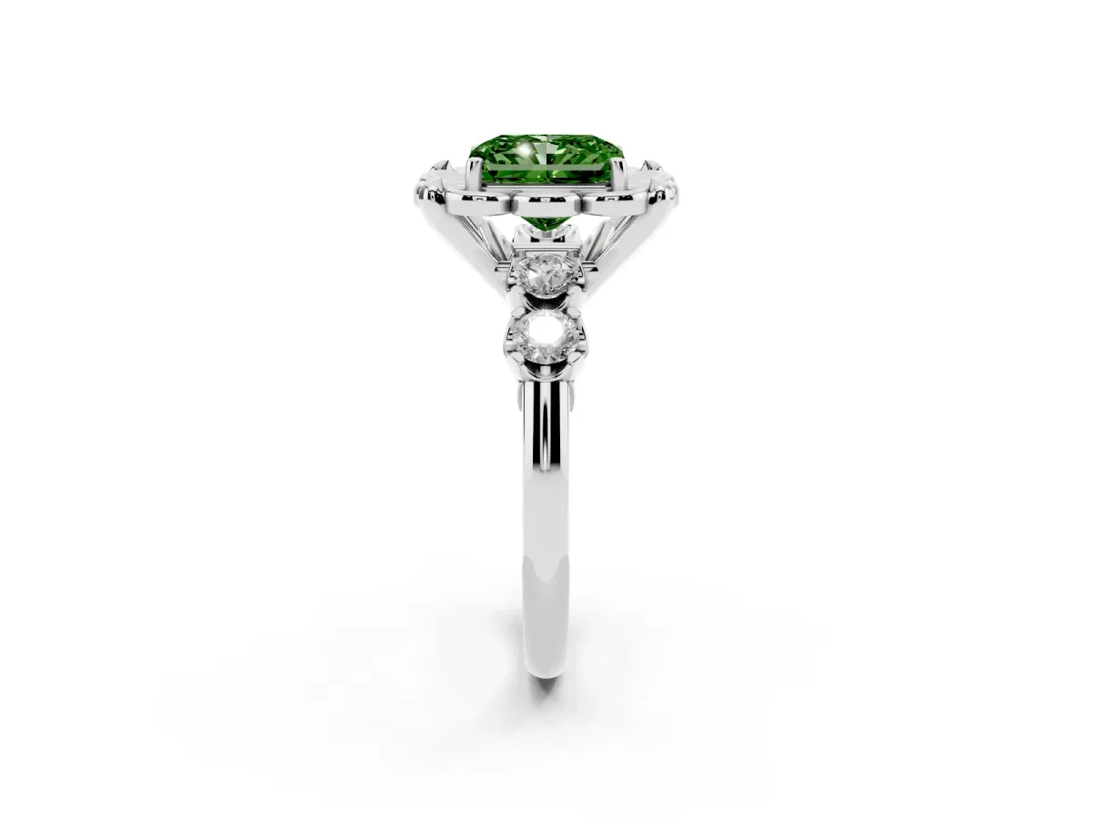 Fancy Green Radiant Cut Cut Diamond Floral Halo Engagement Ring with Shared Prong Setting White gold