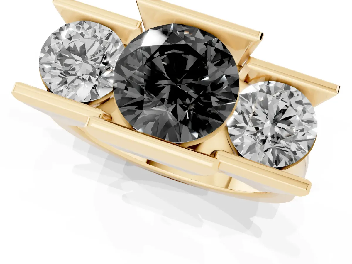 Fancy Black Three Stone Round Cut Cut Channel Set Diamond Ring Yellow gold