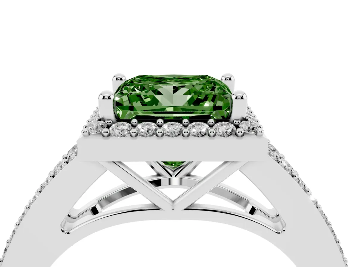 Fancy Green Princess Cut Halo Split Shank Pave Diamond Ring with Four-Prong Setting Silver