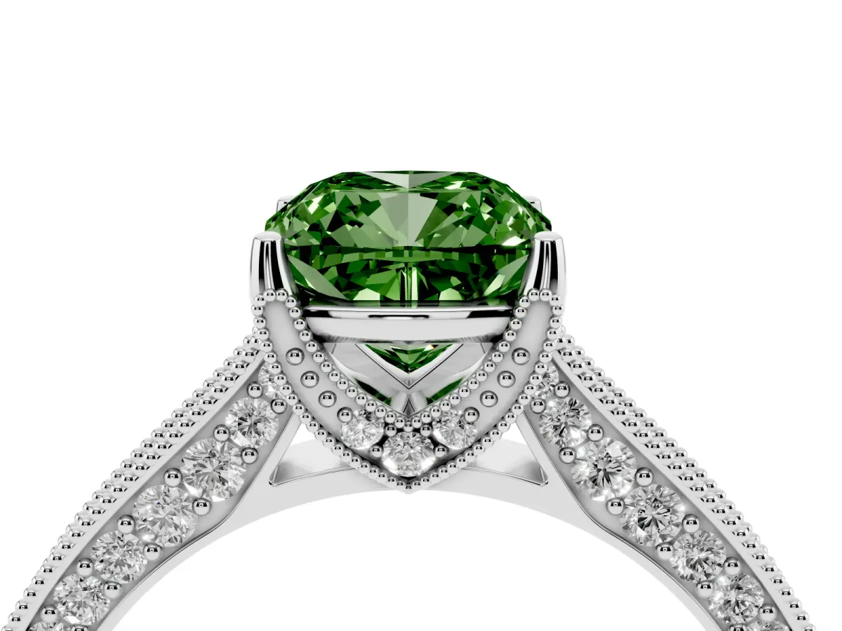 Fancy Green Cushion Cut Cut Diamond Solitaire Ring with Milgrain Pave Band and Four Prong Setting Silver