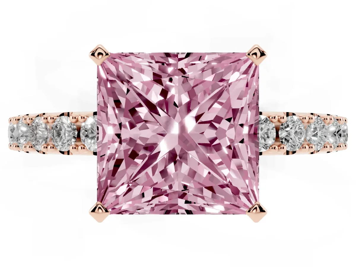 Fancy Pink Princess Cut Diamond Solitaire Pavé Band with Four-Prong Setting Rose gold