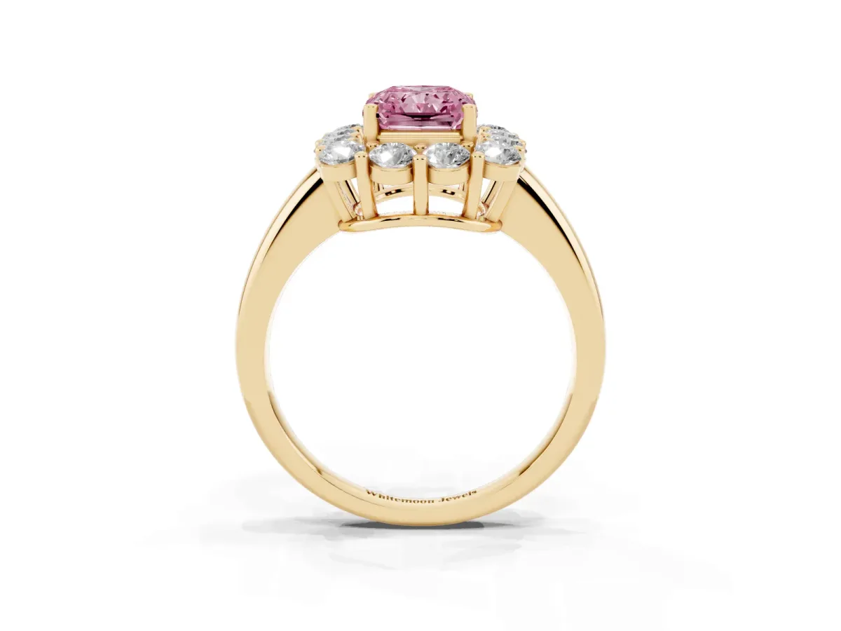 Fancy Pink Radiant Cut Halo Cluster Diamond Engagement Ring with Prong Setting and Polished Band Yellow gold