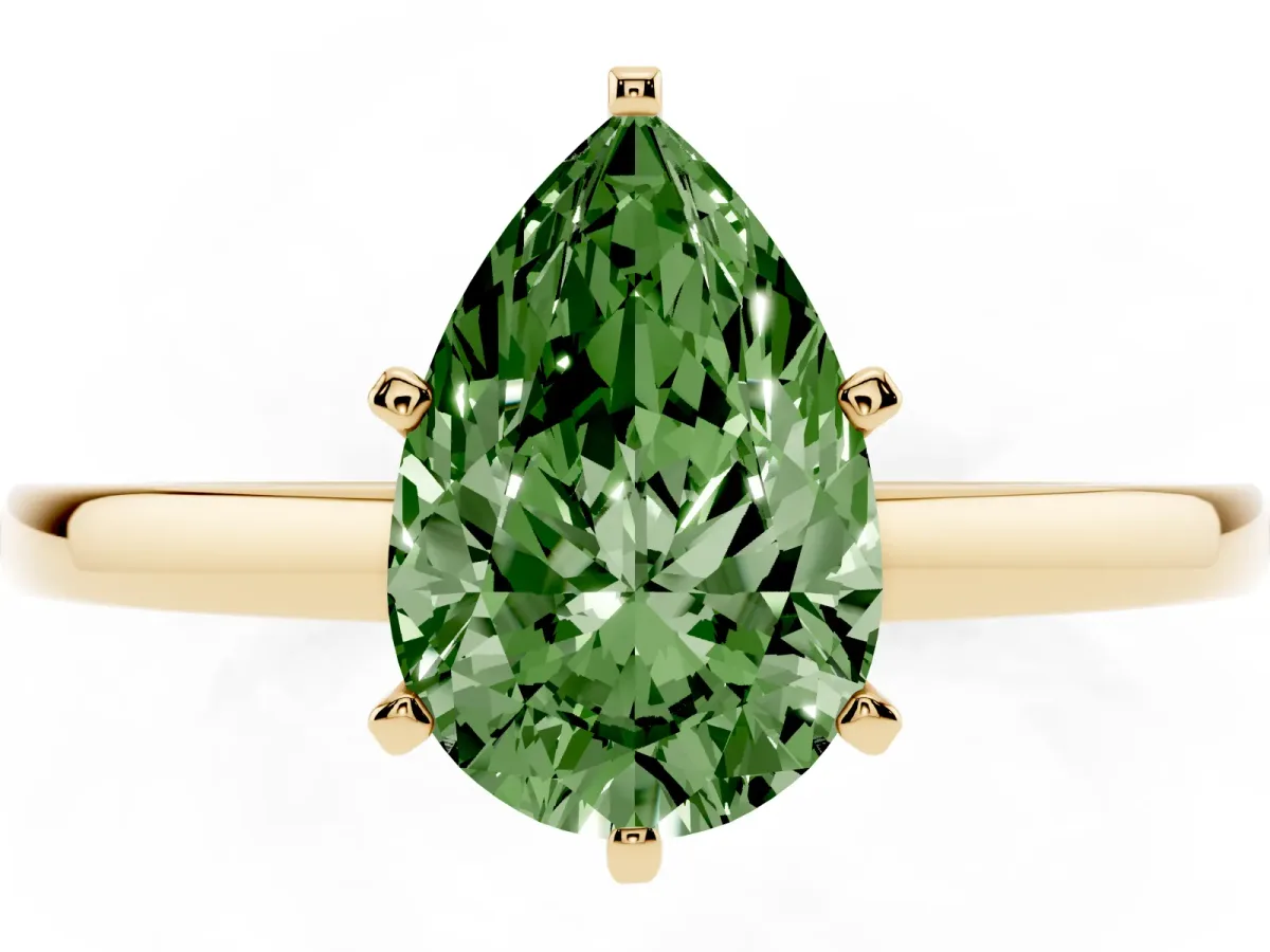 Fancy Green Pear Cut Solitaire Diamond Engagement Ring with Four-Prong Setting on a Classic Band Yellow gold
