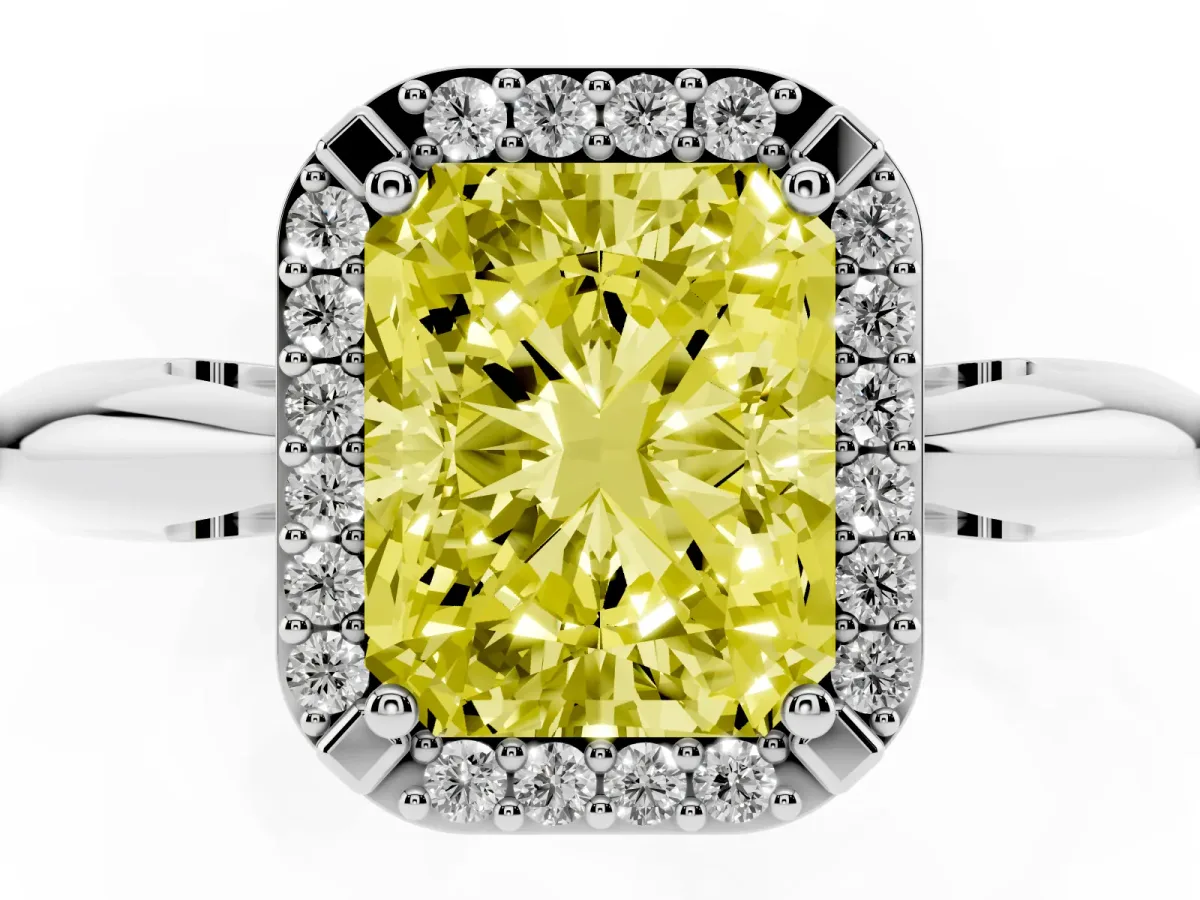Fancy Yellow Radiant Cut Cut Diamond Halo Engagement Ring with Split Shank and Four-Prong Setting Silver