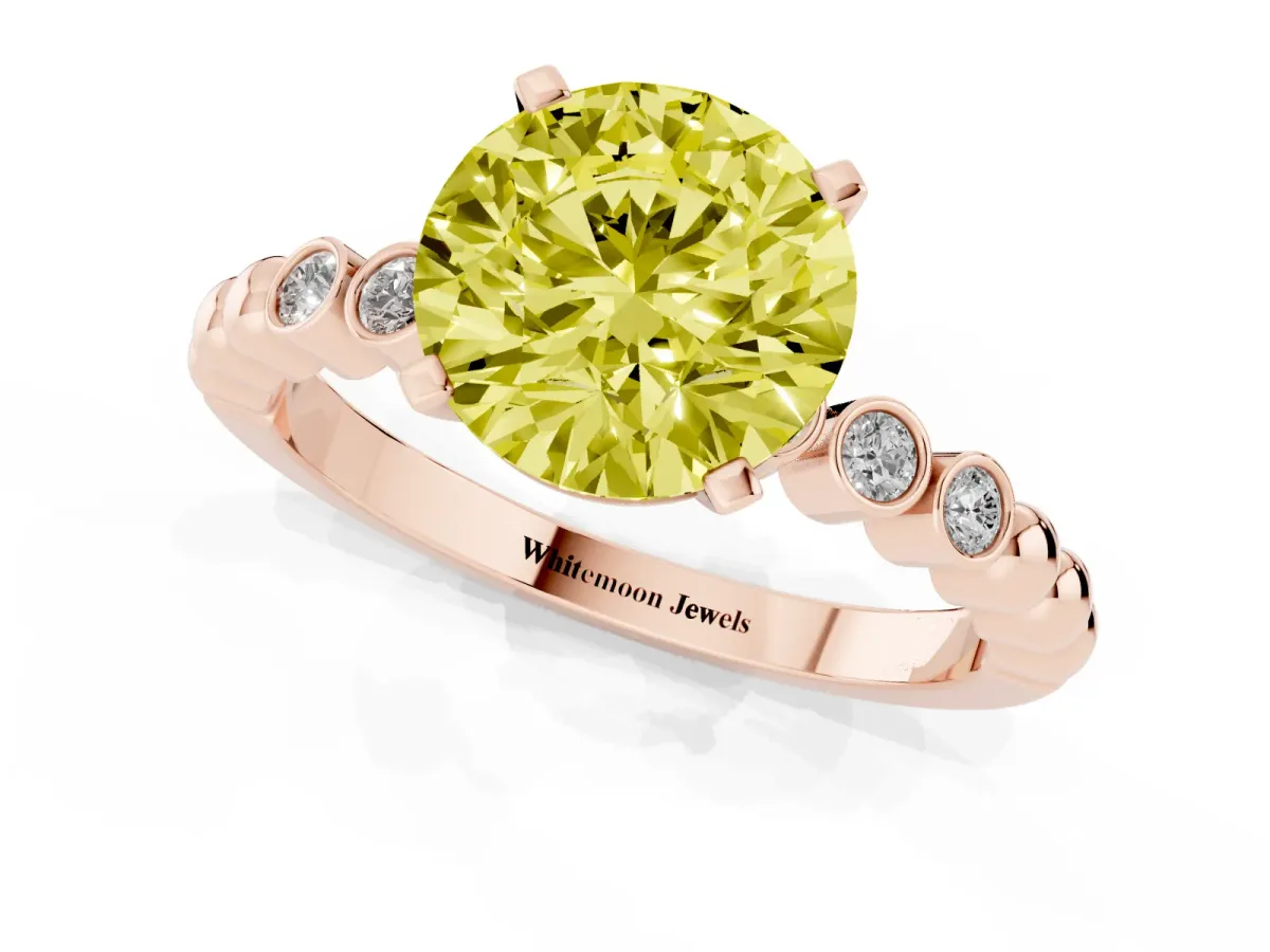 Fancy Yellow Round Cut Solitaire Bezel Accent Diamond Engagement Ring with Beaded Band and Four-Prong Setting Rose gold