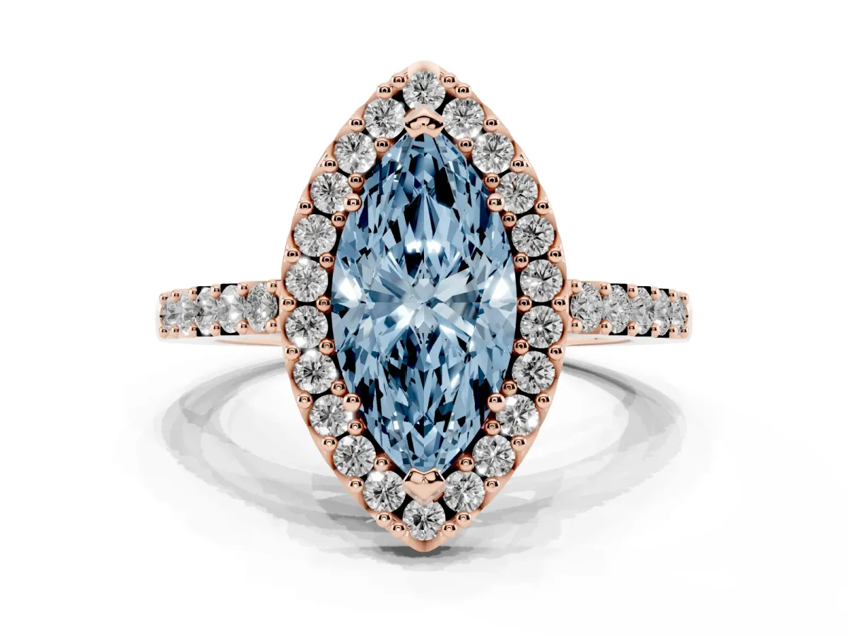 Fancy Blue Marquise Cut Halo Diamond Pavé Solitaire Ring Rose gold
