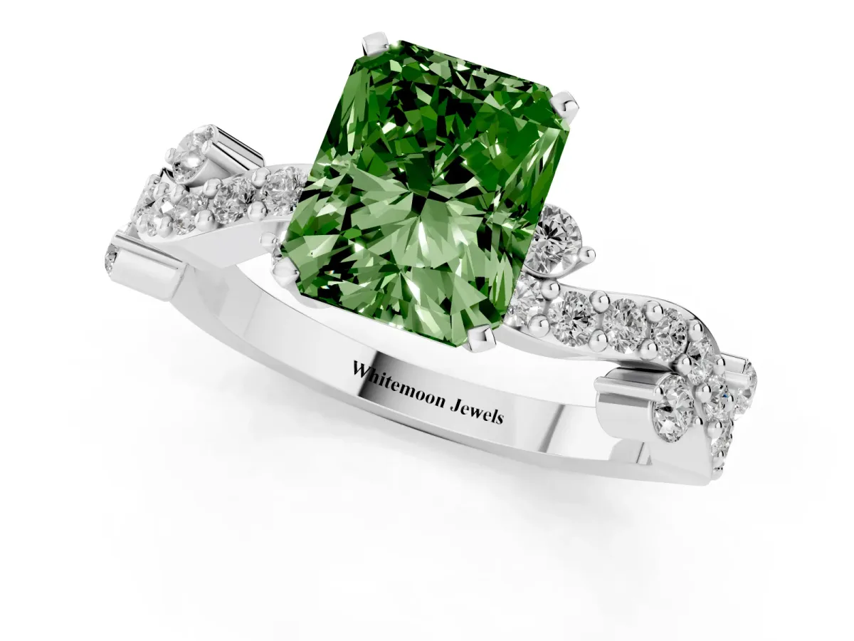 Fancy Green Radiant Cut Cut Solitaire Diamond Twisted Band with Pave Setting Platinum