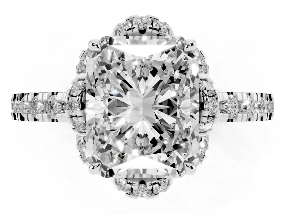 Radiant Cut Halo Diamond Pave Band Ring with Four-Prong Setting Silver