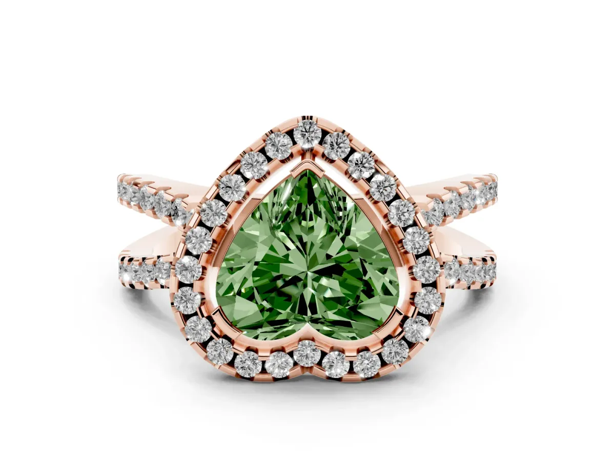 Fancy Green Heart Cut Diamond Halo Ring with Split Shank Pavé Band and Prong Setting Rose gold
