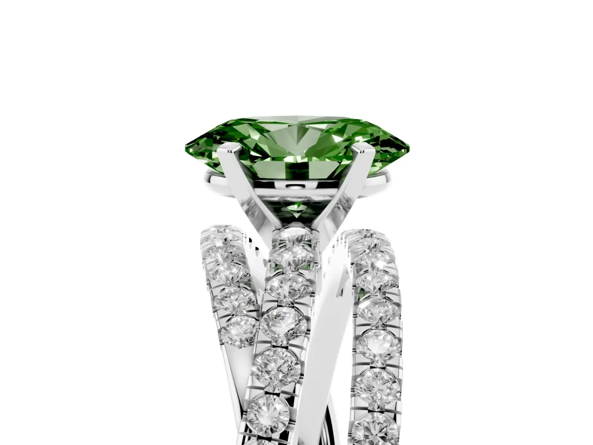 Fancy Green Oval Cut Solitaire Twist Band with Pavé Setting and Four-Prong Setting Silver