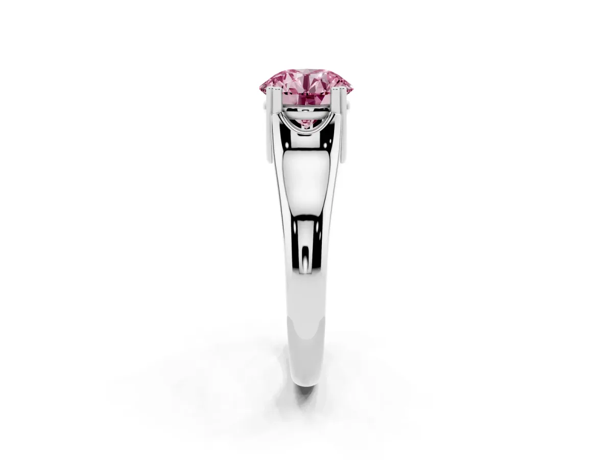 Fancy Pink Round Cut Diamond Solitaire Ring with Wide Band and Prong Setting Silver