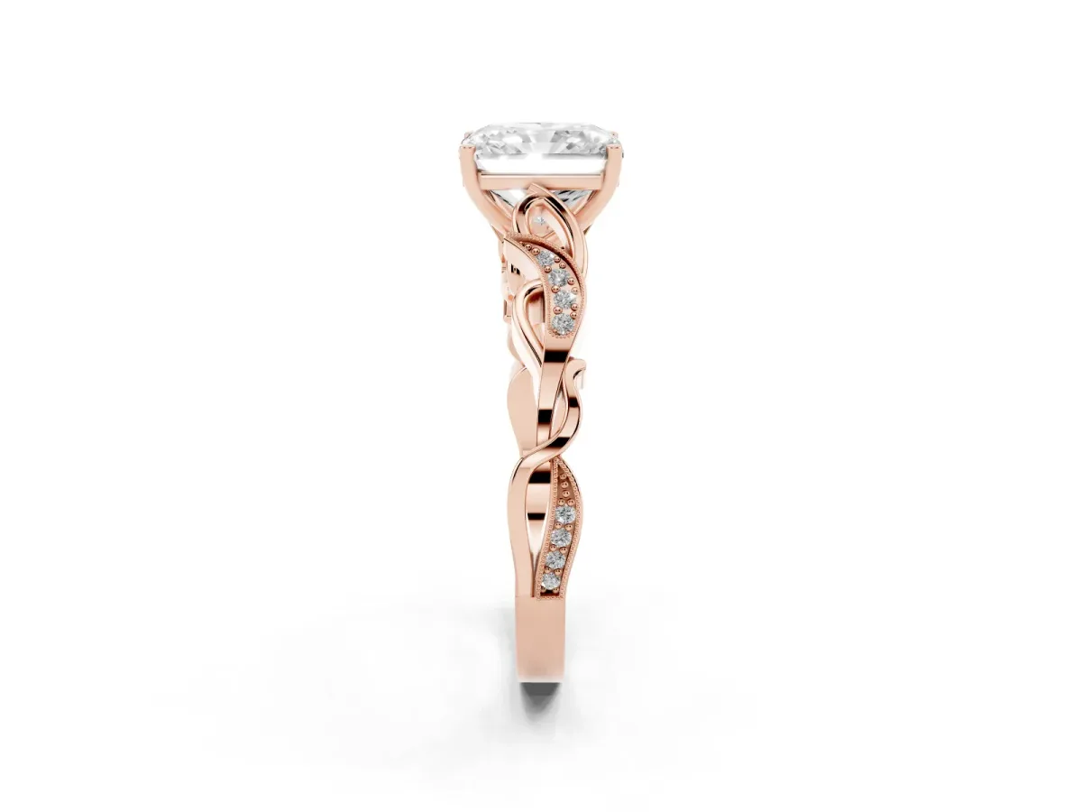 Radiant Cut Solitaire Vine Band with Milgrain Prong Setting Rose gold