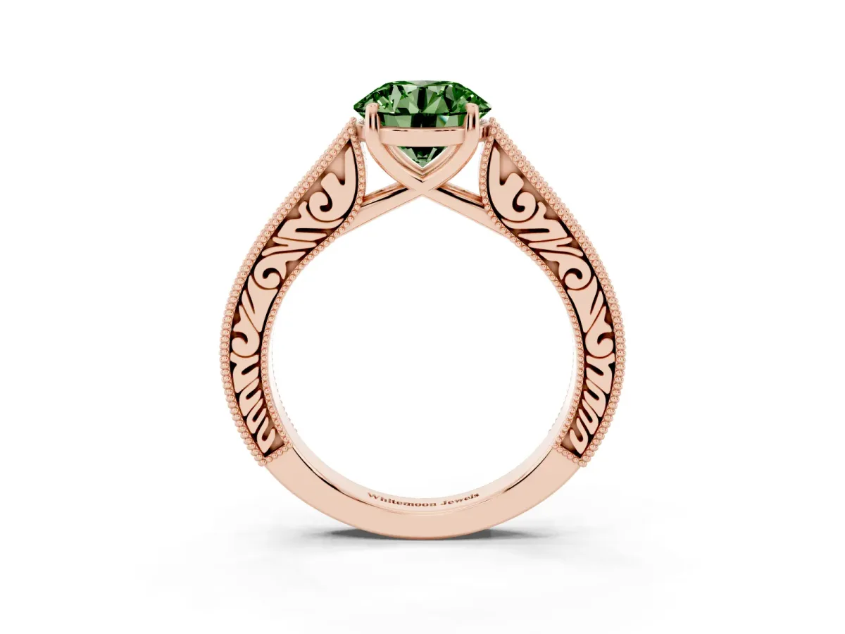 Fancy Green Round Cut Cut Pave Band Milgrain Solitaire Ring Rose gold