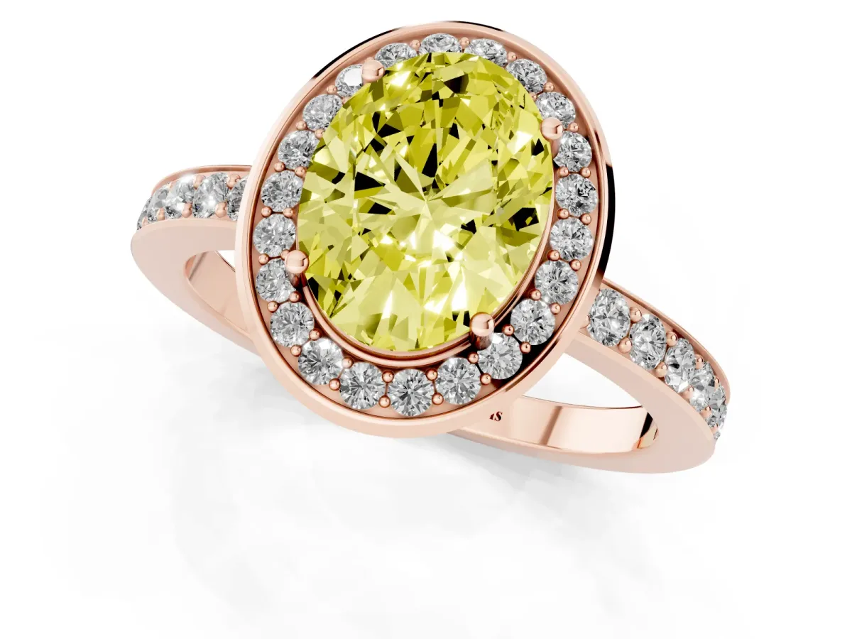 Fancy Yellow Oval Cut Diamond Halo Ring with Bezel Frame and Pavé Band Rose gold