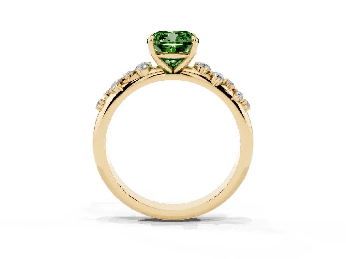Fancy Green Cushion Cut Diamond Cluster Prong-Set Solitaire Ring Yellow gold