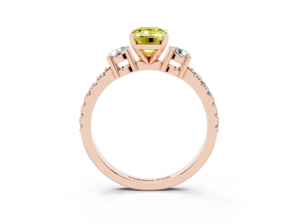 Fancy Yellow Emerald Cut Three-Stone Diamond Pavé Band with Prong Setting Rose gold