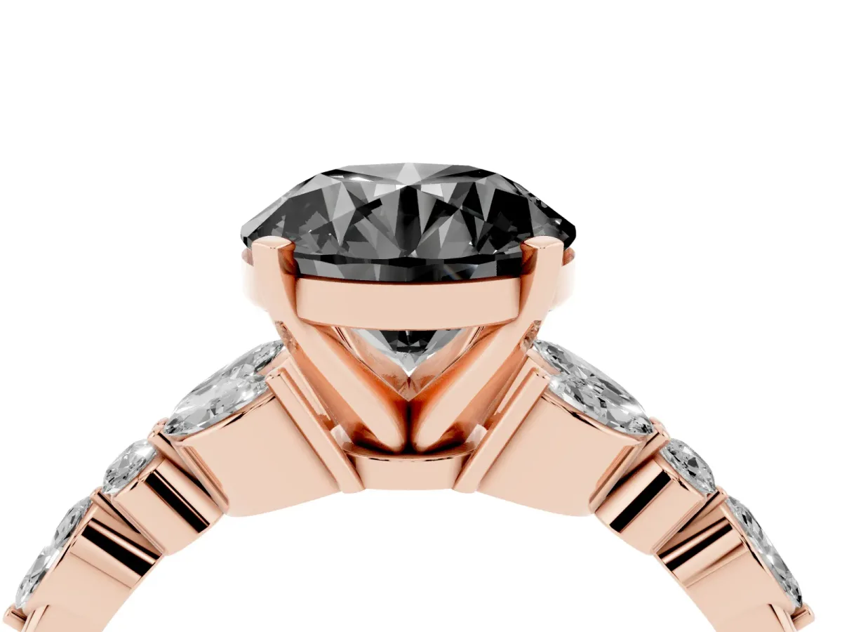 Fancy Black Round Cut Diamond Solitaire Ring with Side Stones and Four-Prong Setting Rose gold