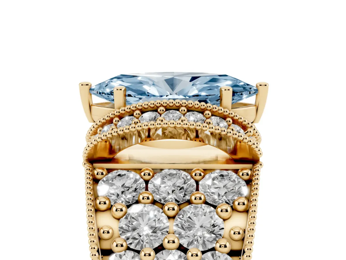 Fancy Blue Marquise Cut Halo Pave Diamond Engagement Ring with Milgrain Detailing Yellow gold