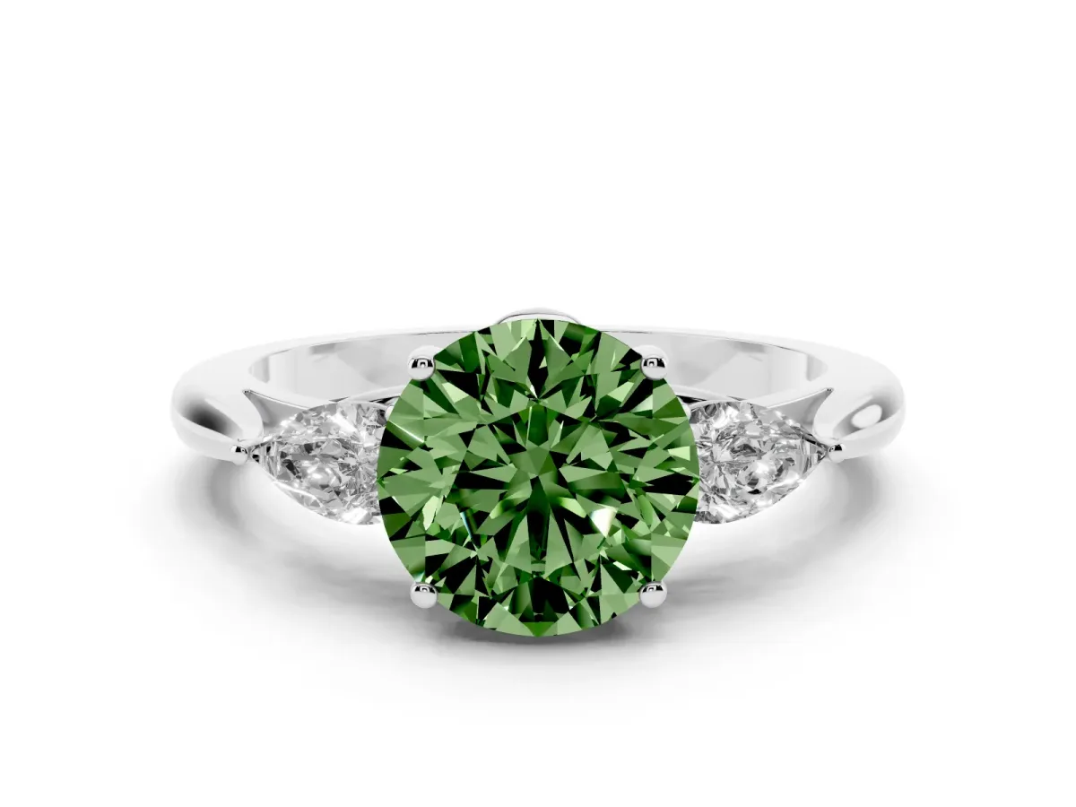 Fancy Green Three-Stone Round Cut Diamond Ring with Pear Side Stones in Four-Prong Setting Platinum