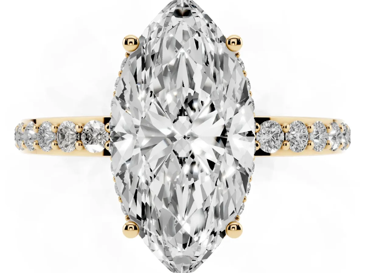 Marquise Cut Diamond Solitaire Ring with Pavé Band and Hidden Halo Yellow gold